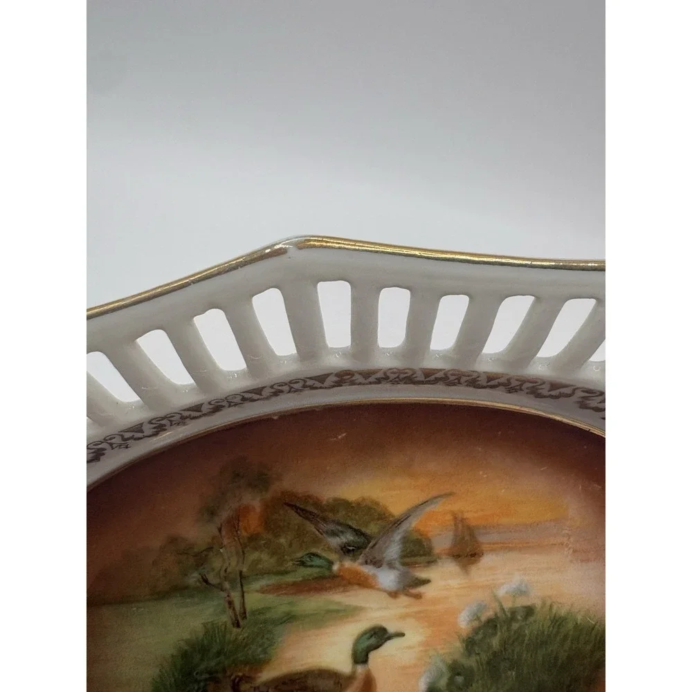 Bavaria Germany Duck Mallard Scene Oval Trinket Dish w/gold edge